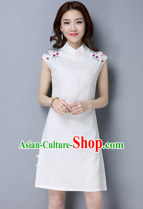 Traditional Ancient Chinese National Costume, Elegant Hanfu Mandarin Qipao Embroidery White Short Dress, China Tang Suit Chirpaur Republic of China Cheongsam Upper Outer Garment Elegant Dress Clothing for Women