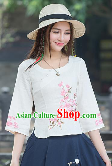 Traditional Chinese National Costume, Elegant Hanfu Embroidery Mandarin Sleeve White Shirt, China Tang Suit Republic of China Blouse Cheongsam Upper Outer Garment Qipao Shirts Clothing for Women