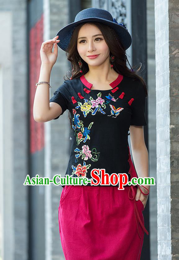 Traditional Chinese National Costume, Elegant Hanfu Embroidery Butterfly Flowers Black T-Shirt, China Tang Suit Republic of China Plated Buttons Blouse Cheongsam Upper Outer Garment Qipao Shirts Clothing for Women