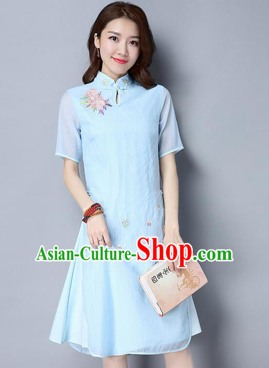 Traditional Ancient Chinese National Costume, Elegant Hanfu Mandarin Qipao Embroidery Stand Collar Blue Dress, China Tang Suit Chirpaur Republic of China Cheongsam Upper Outer Garment Elegant Dress Clothing for Women
