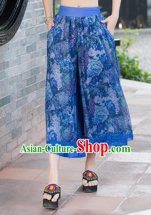 Traditional Chinese National Costume Loose Pants, Elegant Hanfu Chiffon Lace Blue Wide-leg Trousers, China Ethnic Minorities Folk Dance Baggy Pants for Women