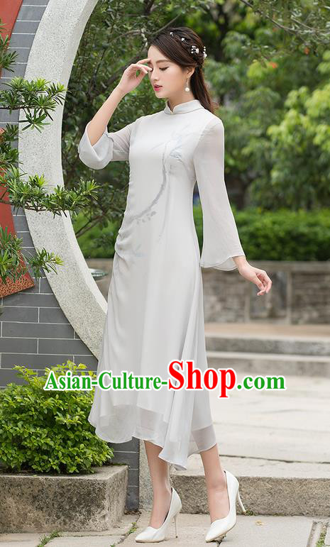 Traditional Ancient Chinese National Costume, Elegant Hanfu Mandarin Qipao Linen Double Layer Grey Dress, China Tang Suit Stand Collar Chirpaur Republic of China Cheongsam Upper Outer Garment Elegant Dress Clothing for Women