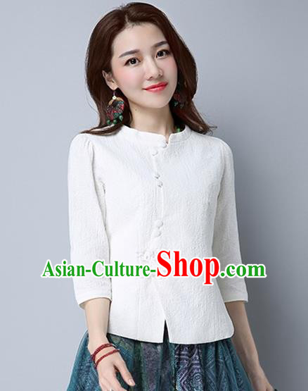 Traditional Chinese National Costume, Elegant Hanfu Slant Opening White Shirt, China Tang Suit Republic of China Stand Collar Blouse Cheongsam Upper Outer Garment Qipao Shirts Clothing for Women