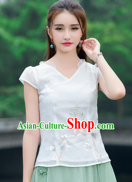Traditional Chinese National Costume, Elegant Hanfu Embroidery Chiffon Shirt, China Tang Suit Republic of China Blouse Cheongsam Upper Outer Garment Qipao Shirts Clothing for Women