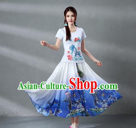 Traditional Ancient Chinese National Pleated Skirt Costume, Elegant Hanfu Chiffon Peacock Feathers Painting Peony Dress, China Tang Dynasty Big Swing Bust Skirt for Women