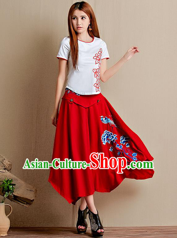 Traditional Ancient Chinese National Pleated Skirt Costume, Elegant Hanfu Linen Embroidery Long Red Dress, China Tang Suit Big Swing Bust Skirt for Women