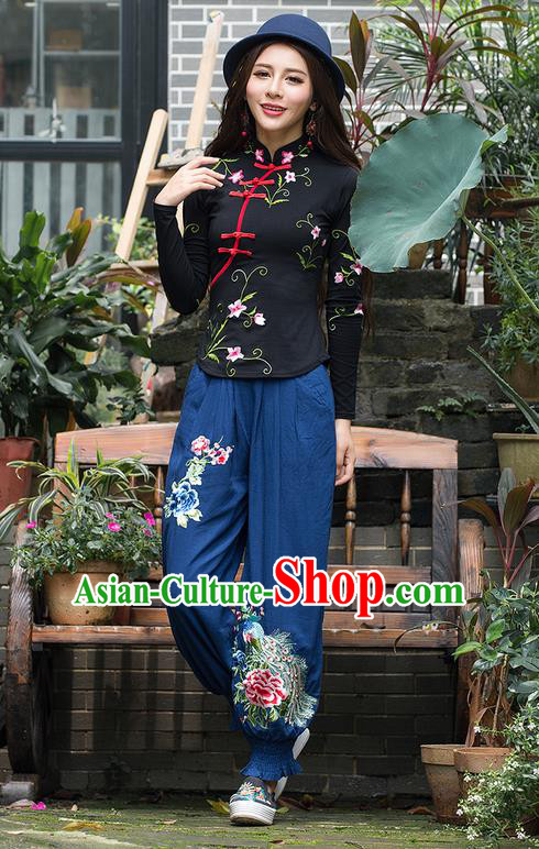 Traditional Chinese National Costume Plus Fours, Elegant Hanfu Patch Embroidery Butterfly Navy Bloomers, China Ethnic Minorities Folk Dance Tang Suit Pantalettes for Women