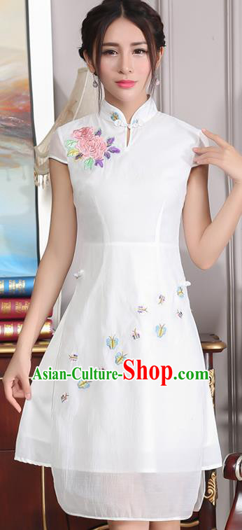 Traditional Ancient Chinese National Costume, Elegant Hanfu Mandarin Qipao Stand Collar Embroidery White Dress, China Tang Suit Chirpaur Republic of China Cheongsam Upper Outer Garment Elegant Dress Clothing for Women