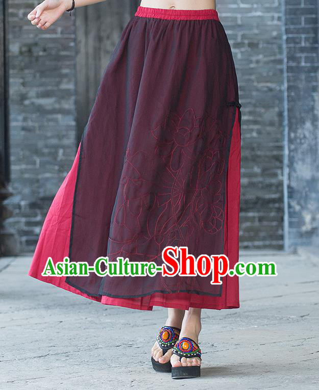 Traditional Ancient Chinese National Pleated Skirt Costume, Elegant Hanfu Embroidery Double-Deck Long Red Dress, China Tang Dynasty Big Swing Bust Skirt for Women