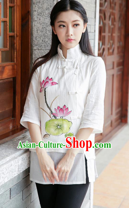 Traditional Chinese National Costume, Elegant Hanfu Painting Lotus Stand Collar White Shirt, China Tang Suit Republic of China Plated Buttons Blouse Cheongsam Upper Outer Garment Qipao Shirts Clothing for Women