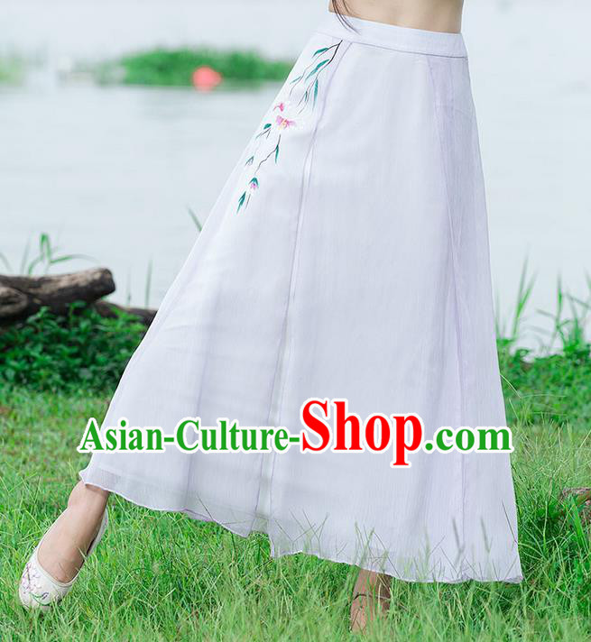 Traditional Ancient Chinese National Pleated Skirt Costume, Elegant Hanfu Linen Printing Long White Dress, China Tang Dynasty Bust Skirt for Women