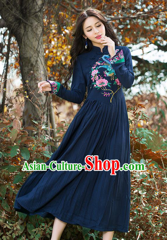 Traditional Ancient Chinese National Costume, Elegant Hanfu Mandarin Qipao Linen Embroidery Phoenix Navy Dress, China Tang Suit National Minority Dance Elegant Dress Clothing for Women