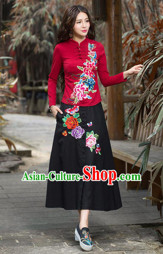 Traditional Ancient Chinese National Pleated Skirt Costume, Elegant Hanfu Embroidery Peony Flowers Long Black Skirt, China Tang Suit Bust Skirt for Women
