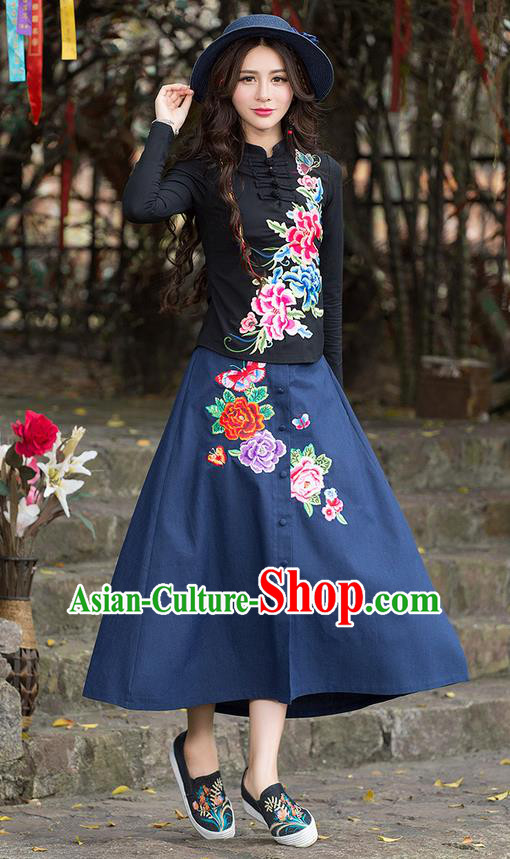 Traditional Ancient Chinese National Pleated Skirt Costume, Elegant Hanfu Embroidery Peony Flowers Long Blue Skirt, China Tang Suit Bust Skirt for Women