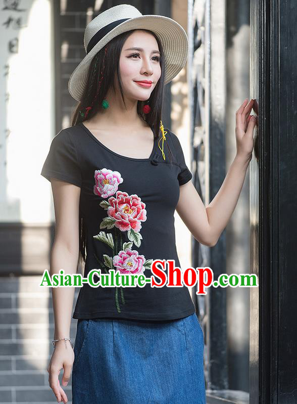 Traditional Chinese National Costume, Elegant Hanfu Embroidery Peony Flowers Round Collar Black T-Shirt, China Tang Suit Republic of China Blouse Cheongsam Upper Outer Garment Qipao Shirts Clothing for Women