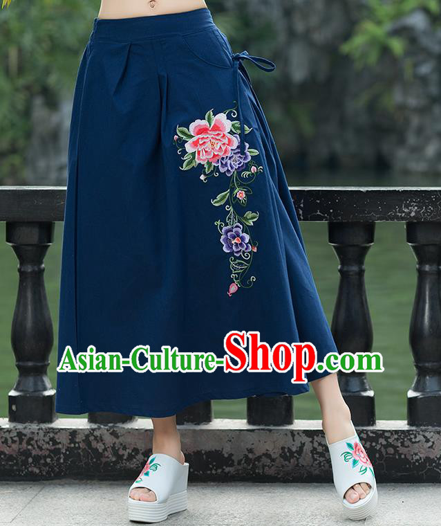 Traditional Ancient Chinese National Pleated Skirt Costume, Elegant Hanfu Embroidery Peony Flowers Long Navy Linen Skirt, China Tang Suit Bust Skirt for Women