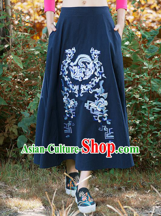 Traditional Ancient Chinese National Pleated Skirt Costume, Elegant Hanfu Embroidery Dragon and Phoenix Totem Long Navy Linen Skirt, China Tang Suit Bust Skirt for Women