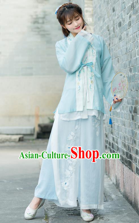 Traditional Ancient Chinese Costume, Elegant Hanfu Clothing Embroidered Blue Cardigan Blouse Sun-top and Pants, China Song Dynasty Princess Elegant Blouse and Trousers Complete Set for Women