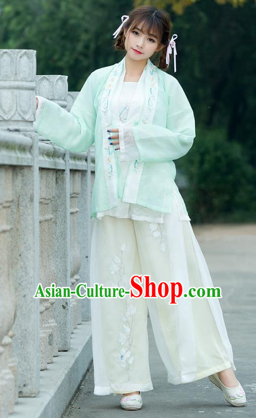 Traditional Ancient Chinese Costume, Elegant Hanfu Clothing Embroidered Green Cardigan Blouse Sun-top and Pants, China Song Dynasty Princess Elegant Blouse and Trousers Complete Set for Women