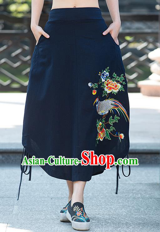 Traditional Ancient Chinese National Pleated Skirt Costume, Elegant Hanfu Embroidery Birds Flowers Long Blue Irregular Skirt, China Tang Suit Bust Skirt for Women