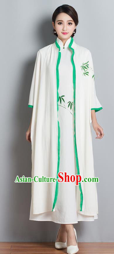 Traditional Ancient Chinese National Costume, Elegant Hanfu Mandarin Qipao Painting Bamboo White Cardigan and Dress, China Tang Suit Chirpaur Republic of China Stand Collar Cheongsam Elegant Dress Clothing for Women