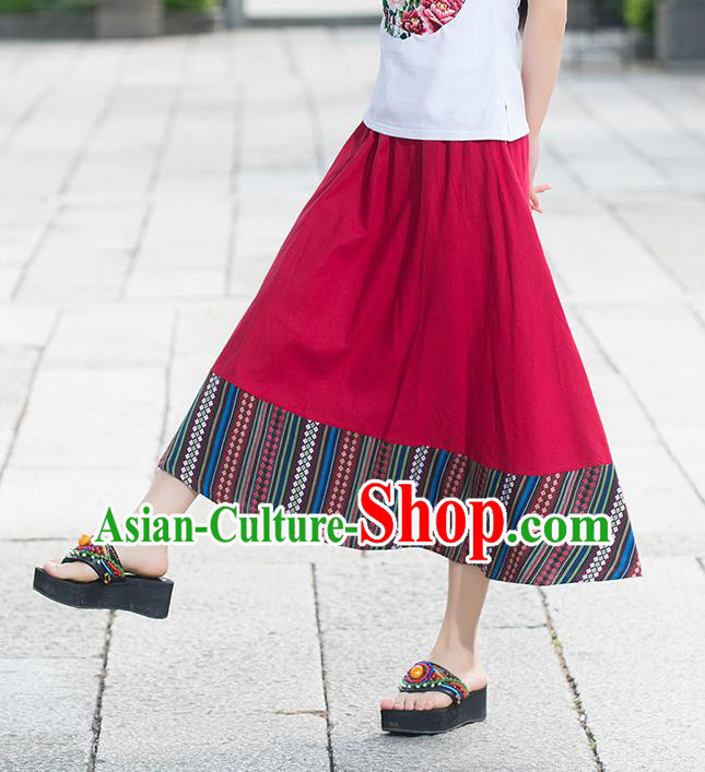 Traditional Ancient Chinese National Pleated Skirt Costume, Elegant Hanfu Flowers Long Red Skirt, China National Minority Tang Suit Big Swing Bust Skirt for Women