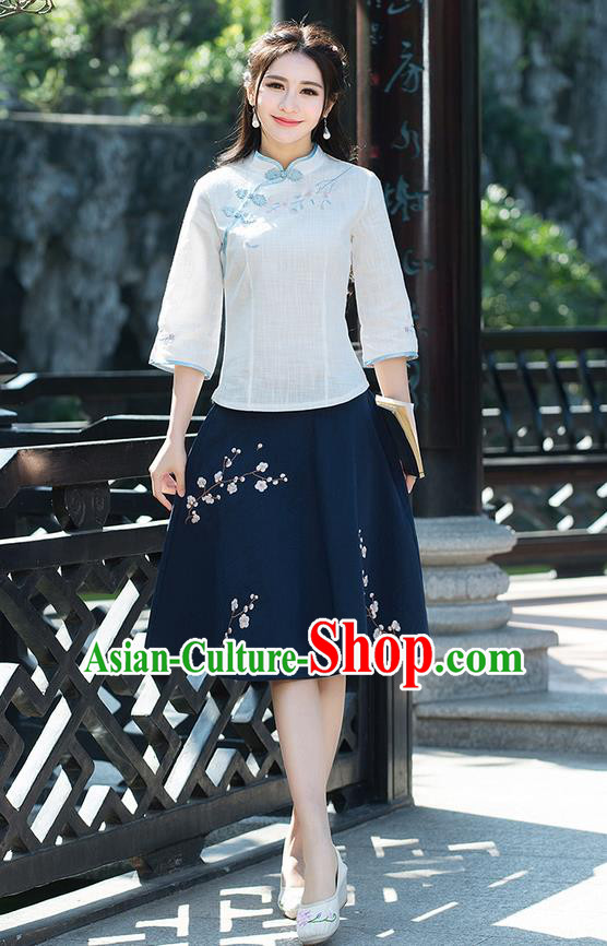 Traditional Ancient Chinese National Pleated Skirt Costume, Elegant Hanfu Embroidery Wintersweet Flowers Blue Skirt, China Tang Suit Bust Skirt for Women