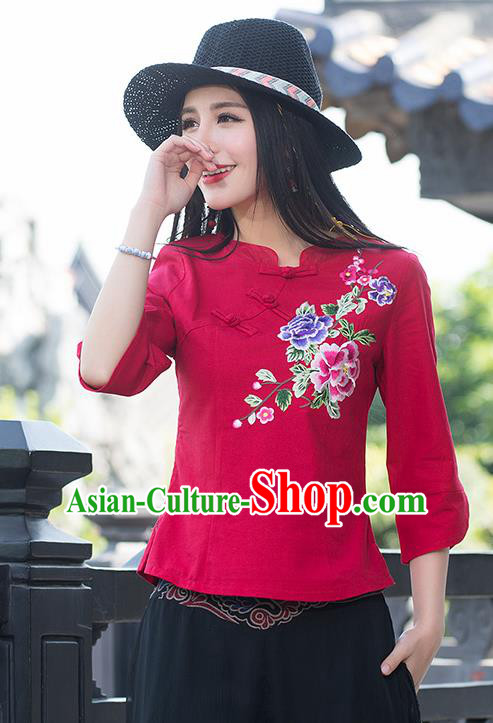 Traditional Chinese National Costume, Elegant Hanfu Embroidery Flowers Slant Opening Red Blouses, China Tang Suit Republic of China Plated Buttons Linen Blouse Cheongsam Upper Outer Garment Qipao Shirts Clothing for Women