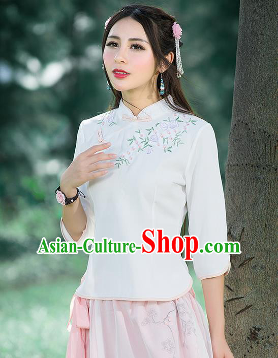 Traditional Chinese National Costume, Elegant Hanfu Embroidery Slant Opening White Stand Collar T-Shirt, China Tang Suit Republic of China Plated Buttons Blouse Cheongsam Upper Outer Garment Qipao Shirts Clothing for Women