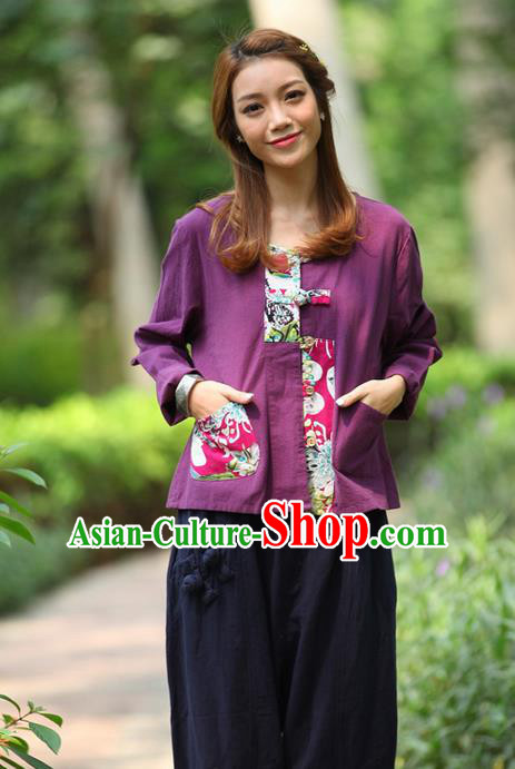 Traditional Chinese National Costume, Elegant Hanfu Patch Contrast Color Purple T-Shirt, China Tang Suit Republic of China Plated Buttons Blouse Cheongsam Upper Outer Garment Qipao Shirts Clothing for Women