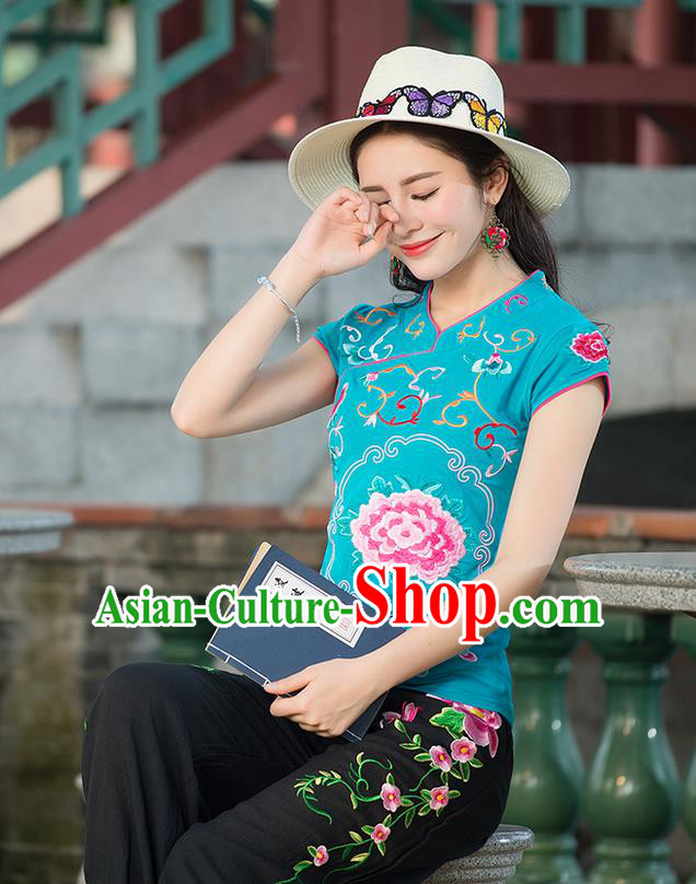 Traditional Chinese National Costume, Elegant Hanfu Embroidery Stand Collar Blue Shirt, China Tang Suit Republic of China Blouse Cheongsam Upper Outer Garment Qipao Shirts Clothing for Women