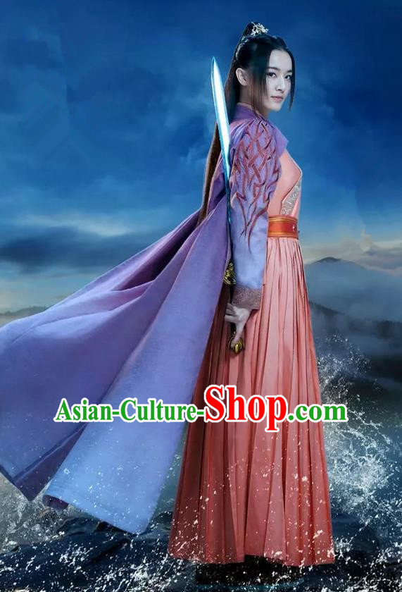 Traditional Ancient Chinese Elegant Swordsman Costume, Chinese Ancient Young Lady Heroine Dress, Cosplay Chinese Television Drama Jade Dynasty Qing Yun Faction Peri Hanfu Trailing Embroidery Clothing for Women