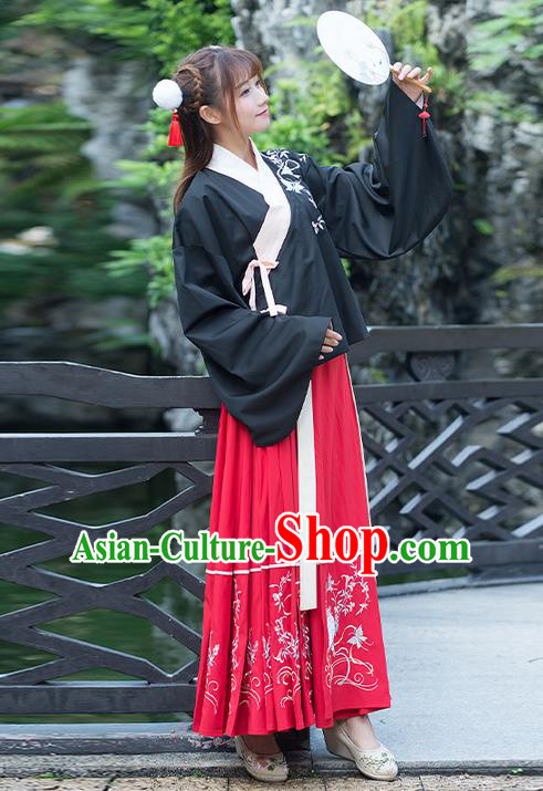 Traditional Ancient Chinese Costume, Elegant Hanfu Clothing Embroidered Young Lady Slant Opening Blouse and Dress, China Ming Dynasty Princess Elegant Blouse and Skirt Complete Set for Women