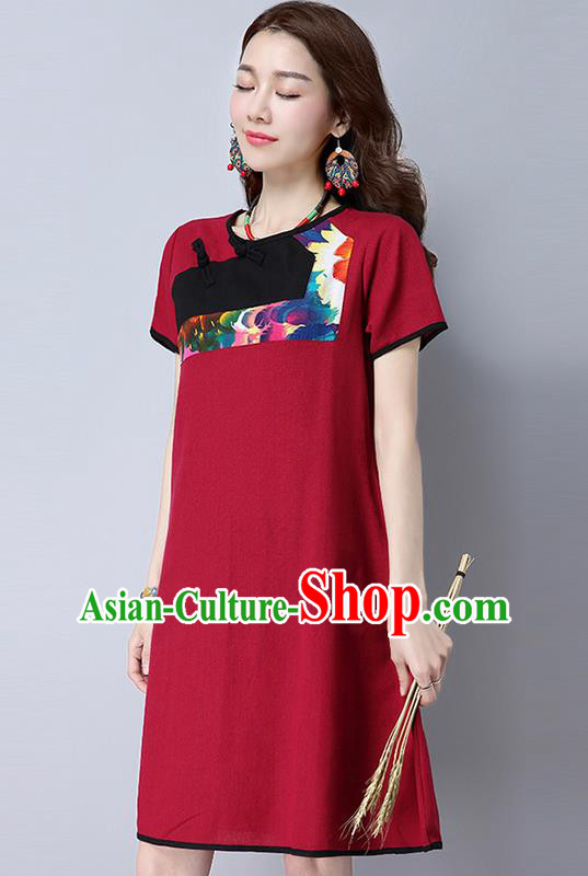 Traditional Ancient Chinese National Costume, Elegant Hanfu Mandarin Qipao Linen Red Gored Dress, China Tang Suit Chirpaur Republic of China Plated Buttons Cheongsam Elegant Dress Clothing for Women