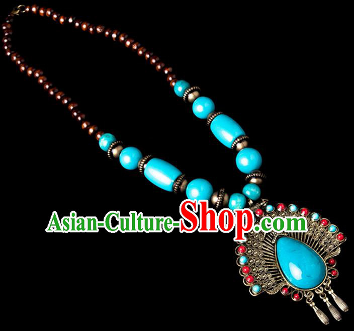Traditional Chinese Zang Nationality Crafts, Hmong Handmade Tibet Blue Sweater Chain, Tibetan Ethnic Minority Necklace Accessories Pendant for Women