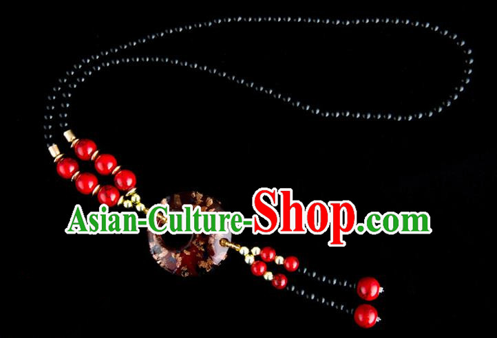 Traditional Chinese Miao Nationality Crafts, China Handmade Beads Red Coloured Glaze Sweater Chain, China Miao Ethnic Minority Necklace Accessories Pendant for Women