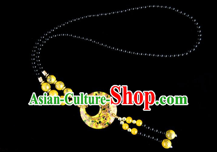 Traditional Chinese Miao Nationality Crafts, China Handmade Beads Yellow Coloured Glaze Sweater Chain, China Miao Ethnic Minority Necklace Accessories Pendant for Women