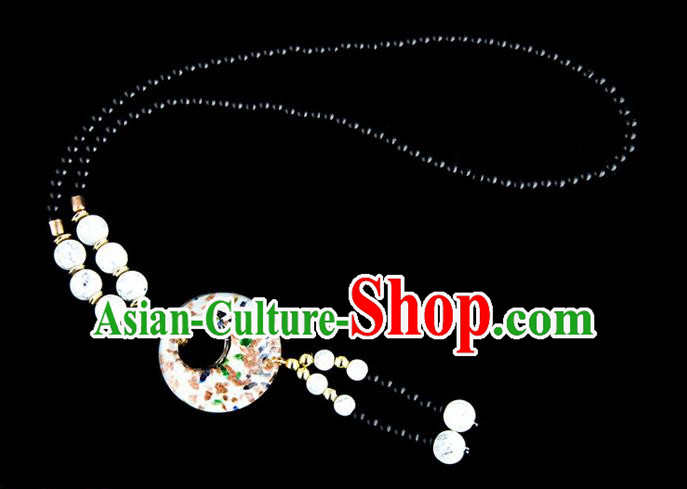 Traditional Chinese Miao Nationality Crafts, China Handmade Beads White Coloured Glaze Sweater Chain, China Miao Ethnic Minority Necklace Accessories Pendant for Women
