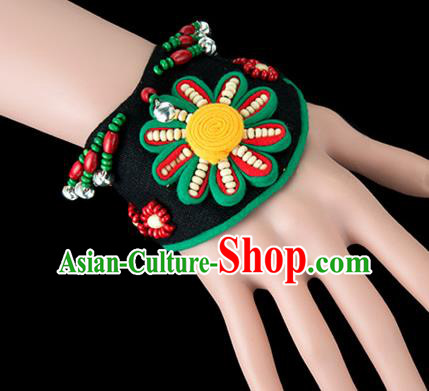 Traditional Chinese Miao Nationality Crafts, Yunan Hmong Handmade Black Fabrics Flower Bracelet Cuff Bells Hand Decorative, China Miao Ethnic Minority Bangle Accessories for Women