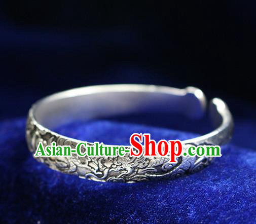 Traditional Chinese Miao Nationality Crafts Jewelry Accessory Bangle, Hmong Handmade Miao Silver Dragon-Phoenix Bracelet, Miao Ethnic Minority Silver Bracelet Accessories for Women