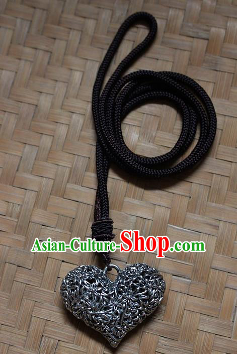 Traditional Chinese Miao Nationality Crafts Jewelry Accessory, Hmong Handmade Miao Silver Longevity Lock Heart Pendant, Miao Ethnic Minority Necklace Accessories Sweater Chain Pendant for Women
