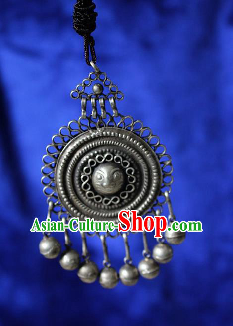 Traditional Chinese Miao Nationality Crafts Jewelry Accessory, Hmong Handmade Miao Silver Bells Tassel Pendant, Miao Ethnic Minority Necklace Accessories Sweater Chain Pendant for Women