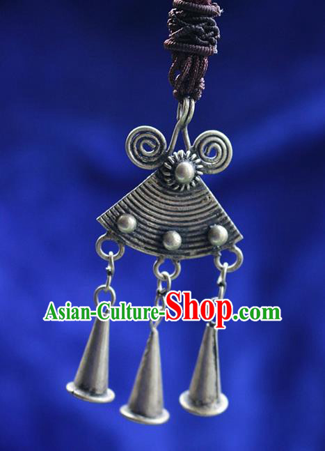 Traditional Chinese Miao Nationality Crafts Jewelry Accessory, Hmong Handmade Miao Silver Bells Tassel Pendant, Miao Ethnic Minority Bells Necklace Accessories Sweater Chain Pendant for Women
