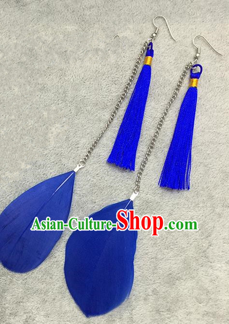 Chinese Classicla Jewelry Accessory Earbob Accessories, Handmade Royalblue Feather Tassel Earrings Eardrop for Women