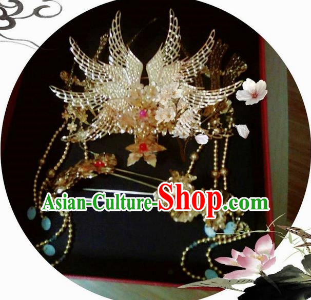 Traditional Handmade Chinese Ancient Classical Hair Accessories Complete Set, Han Dynasty Bride Wedding Barrettes Imperial Empress Phoenix Coronet, Xiuhe Suit Hanfu Hair Sticks Hair Jewellery, Hair Fascinators Hairpins for Women