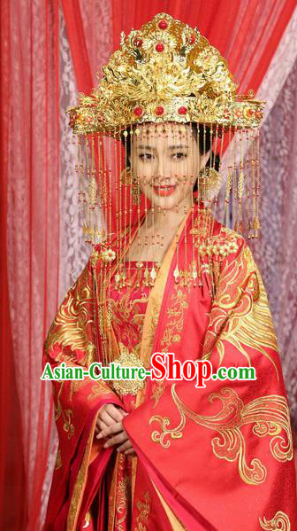 Traditional Handmade Chinese Ancient Classical Hair Accessories Complete Set, Han Dynasty Imperial Consort Bride Wedding Phoenix Coronet, Xiuhe Suit Hanfu Palace Princess Hair Sticks Hair Jewellery, Hair Fascinators Hairpins for Women