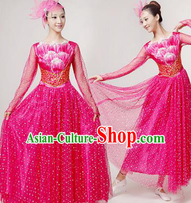 Traditional Chinese Modern Dancing Costume, Women Opening Classic Chorus Singing Group Dance Paillette Costume, Folk Dance Yangko Costume, Modern Dance Long Rose Peony Dress for Women