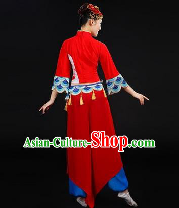 Traditional Chinese Yangge Fan Dancing Costume, Folk Dance Yangko Costume Drum Dance Peony Red Clothing for Women