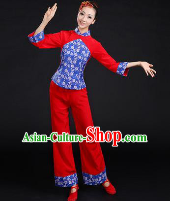 Traditional Chinese Yangge Fan Dancing Costume, Folk Dance Yangko Costume Drum Dance Stand Collar Clothing for Women