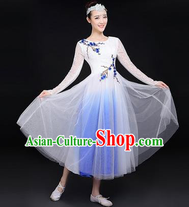 Traditional Chinese Modern Dancing Costume, Women Opening Classic Chorus Singing Group Dance Paillette Costume, Classic Dance Plum Blossom Costume, Modern Dance Long White Dress for Women